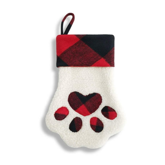 Faux Sherpa Dog Paw Stocking with Red Plaid Cuff