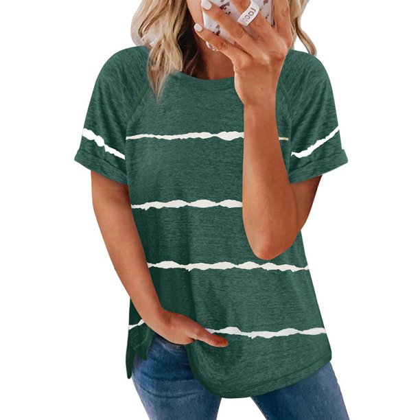 Camiseta de algodón a rayas para mujer, camiseta de manga corta con cuello redondo, Tops holgados informales, ropa de calle para mujer 2022