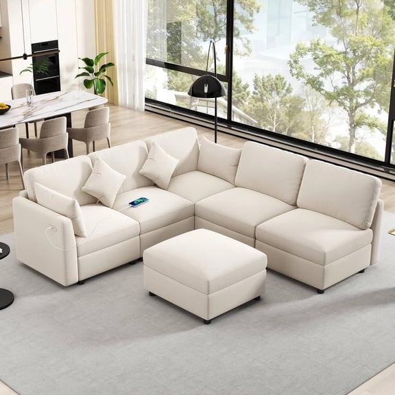 EUROCO 85.4" 5-Seat Sectional Sofa Bed,L-Shaped Sofa Couch with 2 USB Ports, a Movable Ottoman and Chenille Fabric,Modular Sleeper Sofa Couch for Living Room or Apartment,Beige