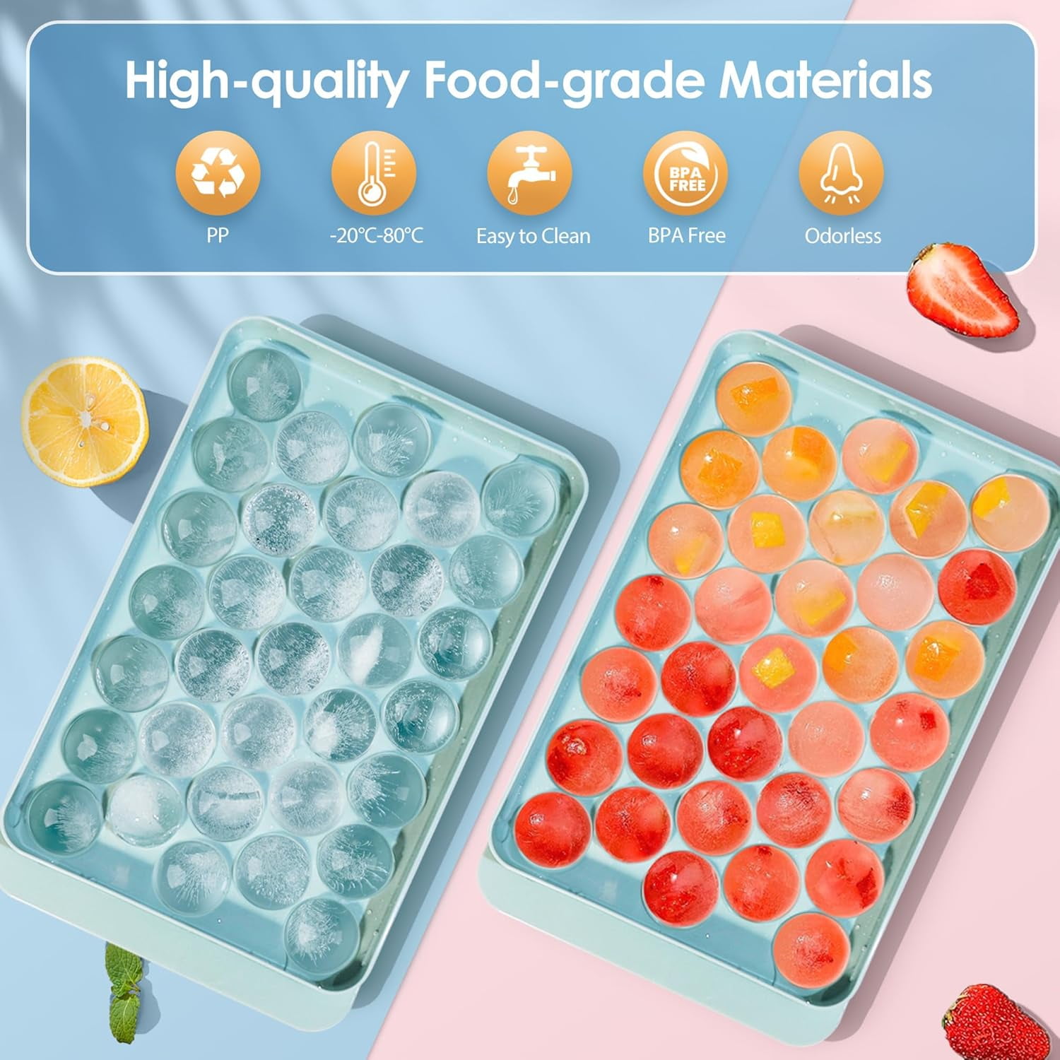 Ice Cube Tray with Lid and Bin - Round Ice Trays for Freezer with Lid - Ice Cube Trays for Freezer with Ice Container