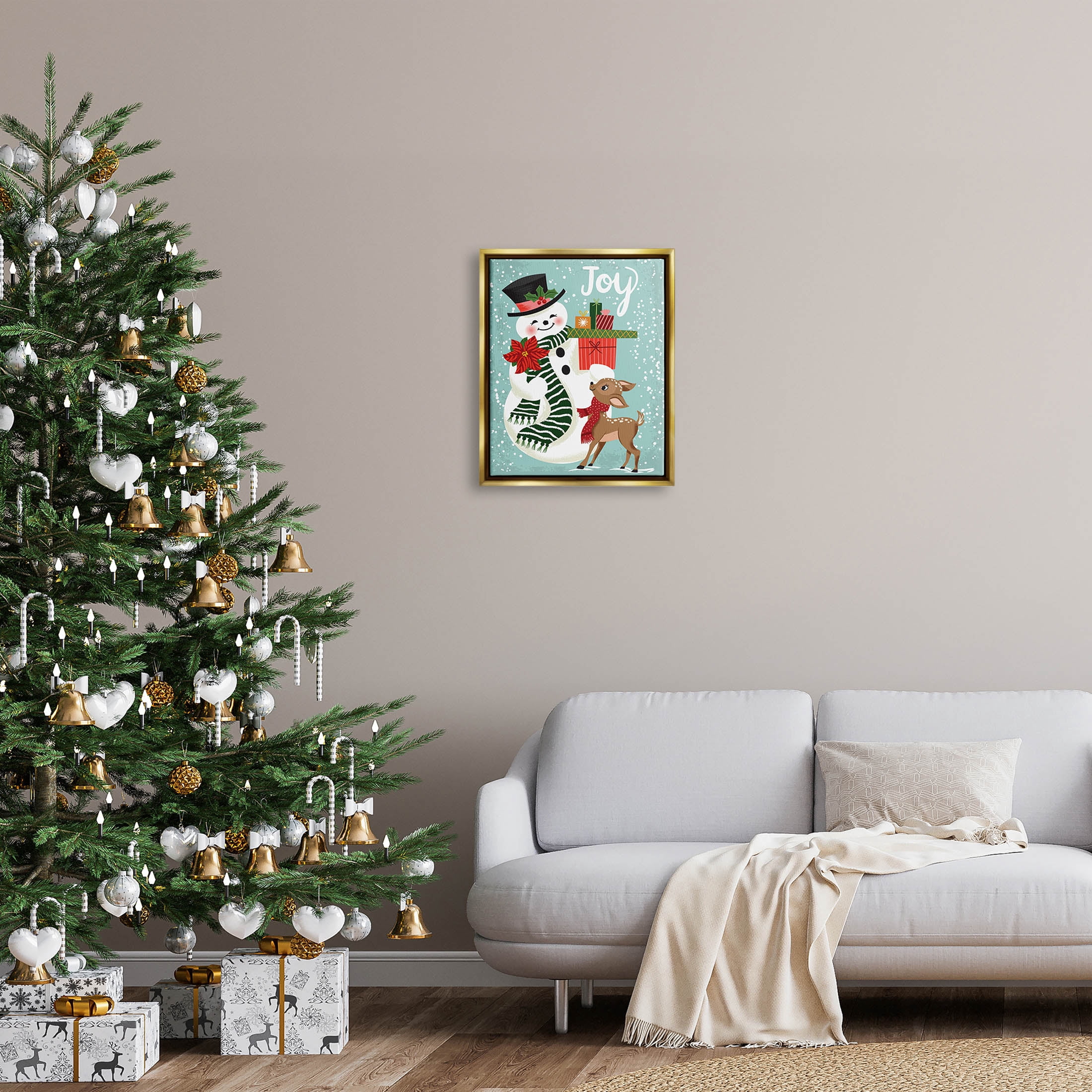 Joy Smiling Snowman Holiday Deer Holiday Graphic Art Metallic Gold Framed Art Print Wall Art