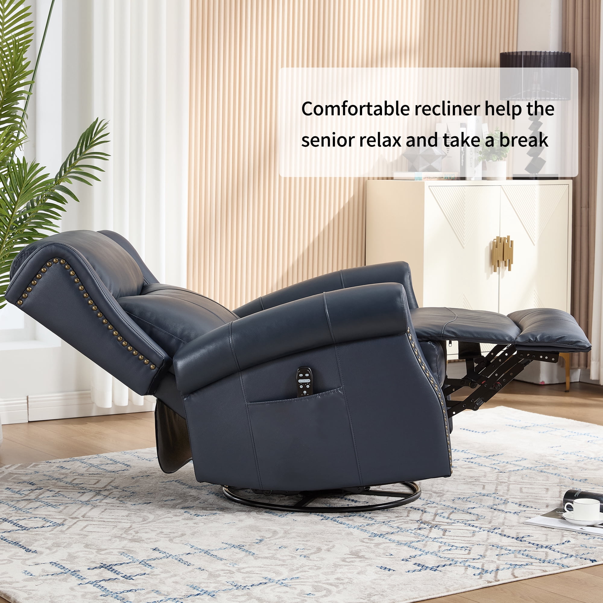 Leumius Swivel Rocker Recliner Chair with Vibration Massage and Lumbar Heating,Ergonomic Lounge Chair with Rocking Function,Rivet Design,Blue