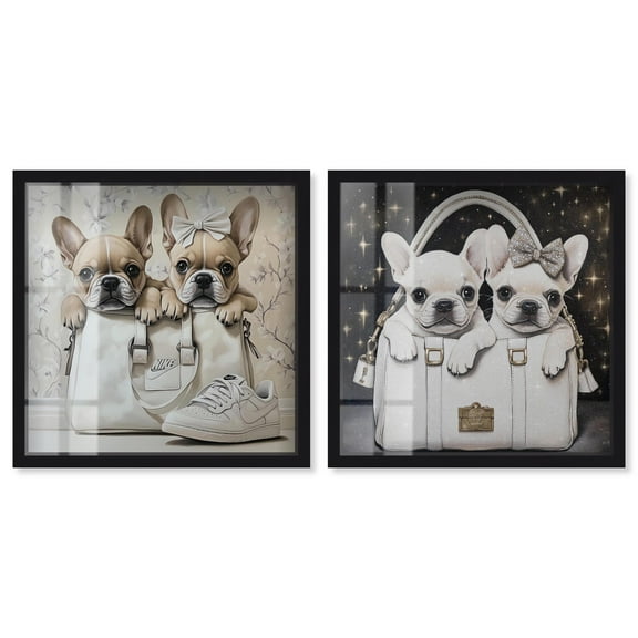 Glam Parisian Pups Set Shadowbox Fashion Wall Decor by Art Remedy, Black Frame, 12 x 12