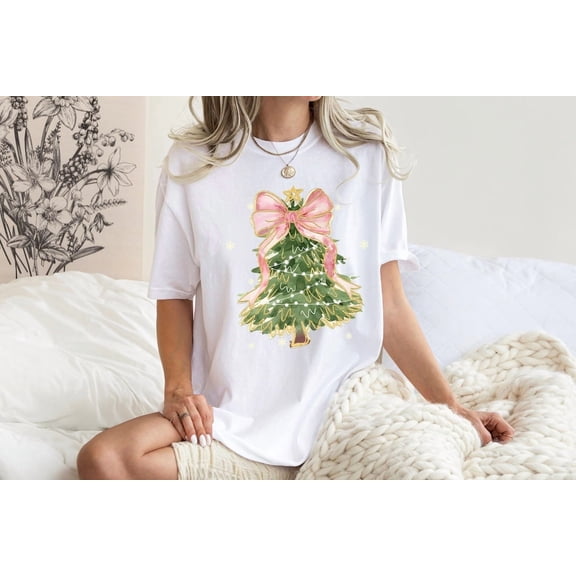 Christmas Tree Bow Shirt Womens Christmas Sweatshirt Holiday Coquette Xmas TShirt Cute Gift Top