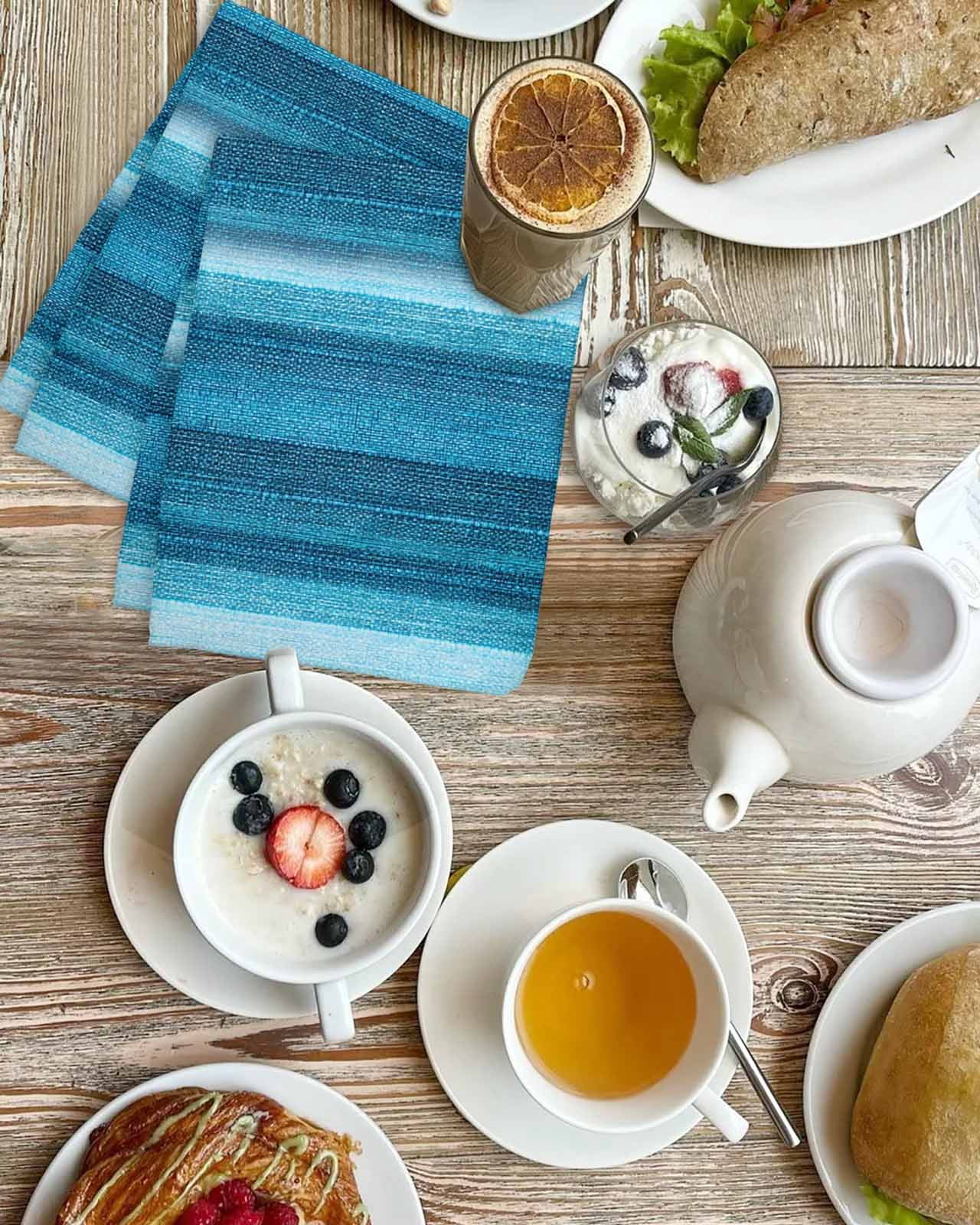 Turquoise Teal Ombre Kitchen Dish Towels for Drying Dishes Set of 3, Farmhouse Modern Abstract Striped Waffle Weave Microfiber Terry Hand Tea Bathroom Towels Quick Dry & Absorbent Towel 15.7x23.6
