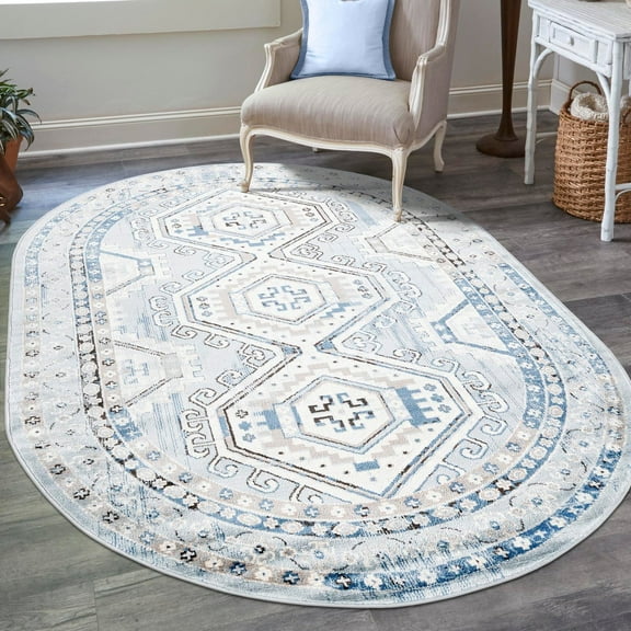 Unique Loom Charlotte Collection Area Rug - Quail (5' 3" x 8' Oval Aqua Blue/Gray)