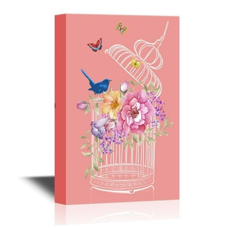 Birdcage Canvas - wall26 Canvas Wall Art - Bird and Bird Cage with Flowers and Butterflies - Gallery Wrap Modern Home Decor | Ready to Hang - 16x24 inches