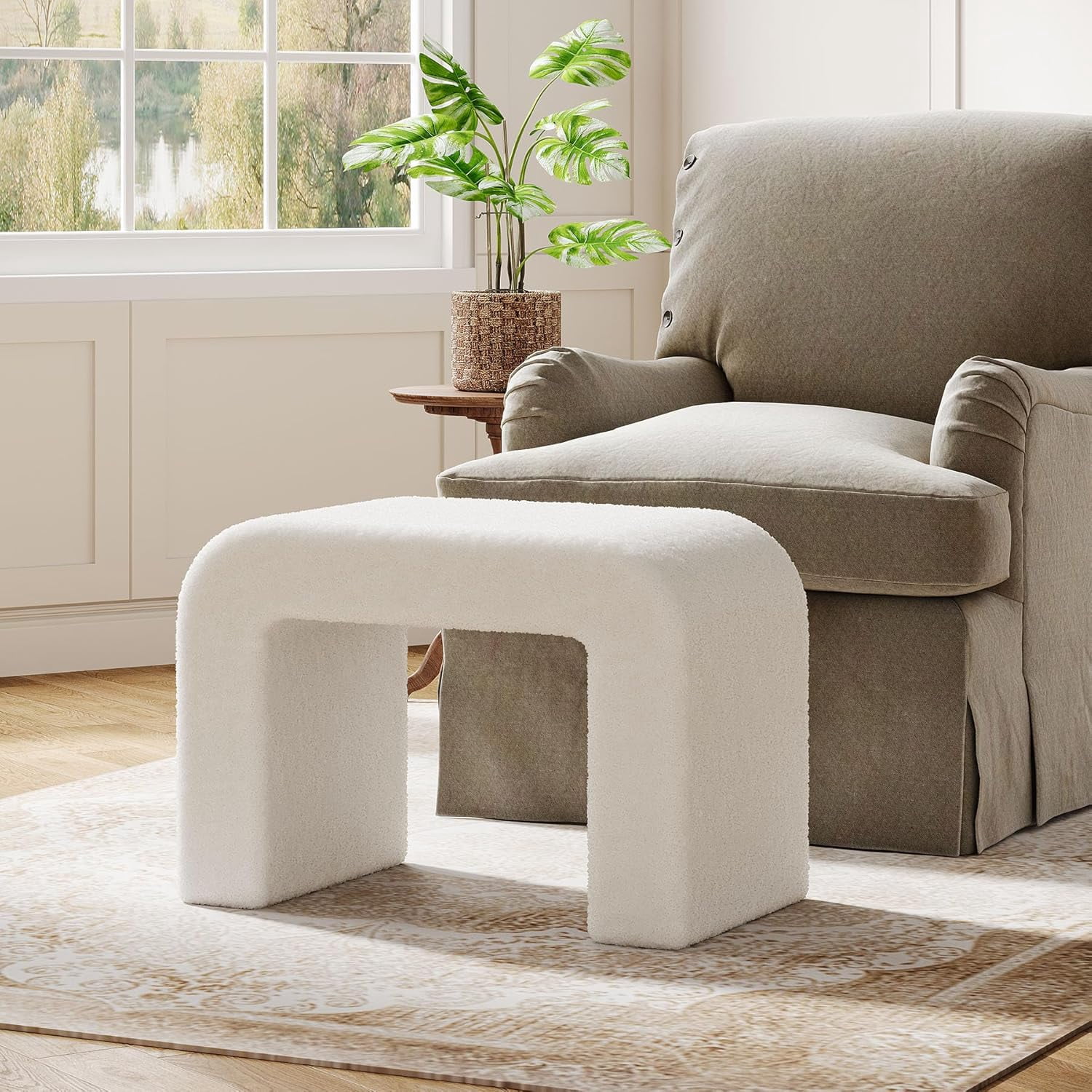 Modern Vanity Stool, Upholstered Ottoman, Arched Footstool, Sofa Footrest, Fully Assembled, White