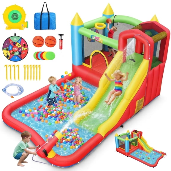 Adnoom Inflatable Bounce House with 370W Blower, Indoor Kids Bounce House for Ages 3-12, Outdoor Water Slide with Ball Pit/Pool, Basketball Hoop, Target, Climbing Wall, Water Cannon