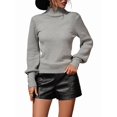 thumbnail image 3 of Women'S Fall Winter High Neck Sweaters for Women Lantern Sleeve Knitted Pullover Sweater Jumper Tops Gray M, 3 of 9