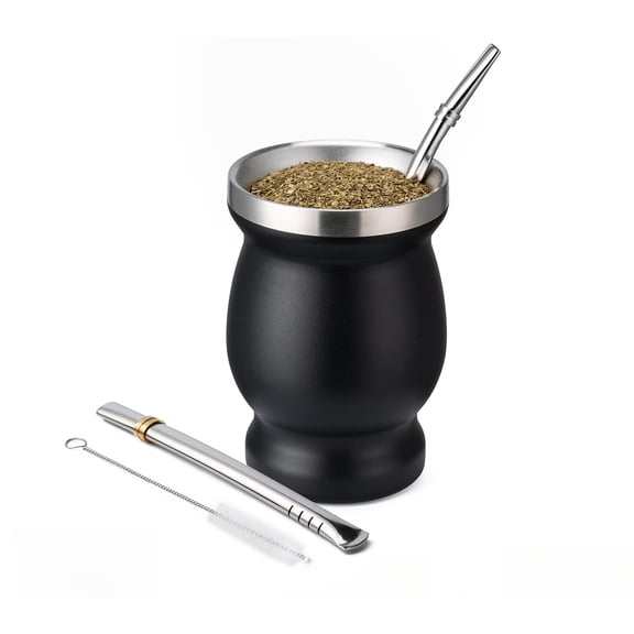 8 oz Yerba Mate Cup Set, 304 Stainless Steel Mate Gourd with 2 Bombillas and Cleaning Brush, Double Wall Insulated Yerba Mate Cup for Hot and Cold Drinks (Black)