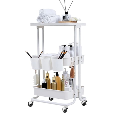 Metal Storage Baskets with Wheels Metal Wire Market Basket Storage Organizer Cart Rolling Stackable Storage Bins for Kitchen Pantry Bedroom (White 3 Tier-3700)