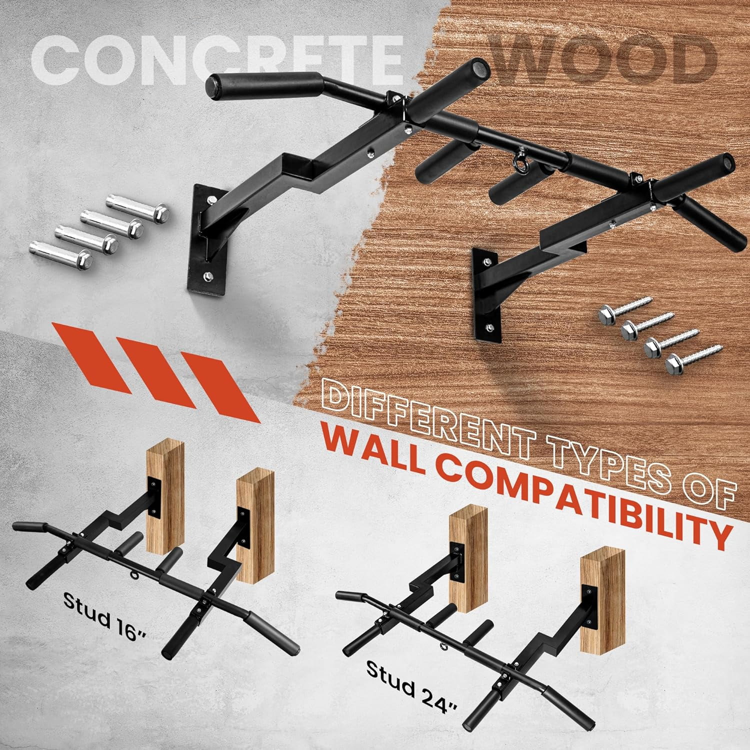 Yes4All Wall Mounted Pull Up Bar, Steel 16 & 24 in