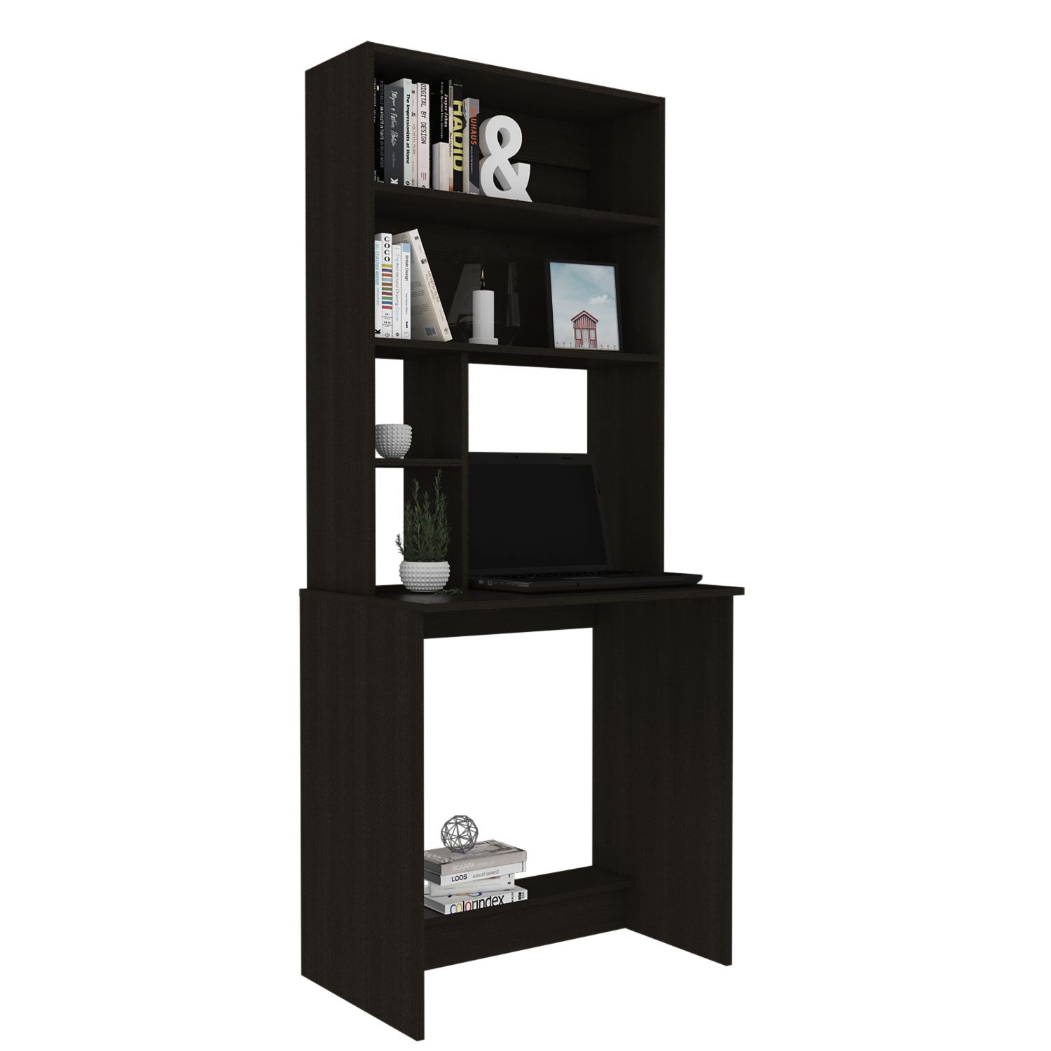 Asteroutdoor Wenge 4-Shelf Computer Desk with Hutch, Particle Board, 19.1 in L x 29.6 in W x 71.1 in H, Home Office Desk