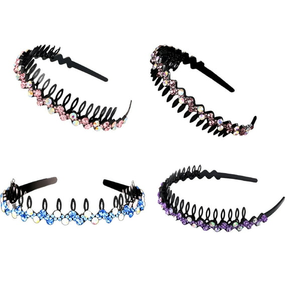 ACDANC 4 Pack Wave Rhinestone Teeth Comb Headbands for Women, Flower Crystal Hairband HairHoopbandwith Teeth Non-Slip Hard Plastic