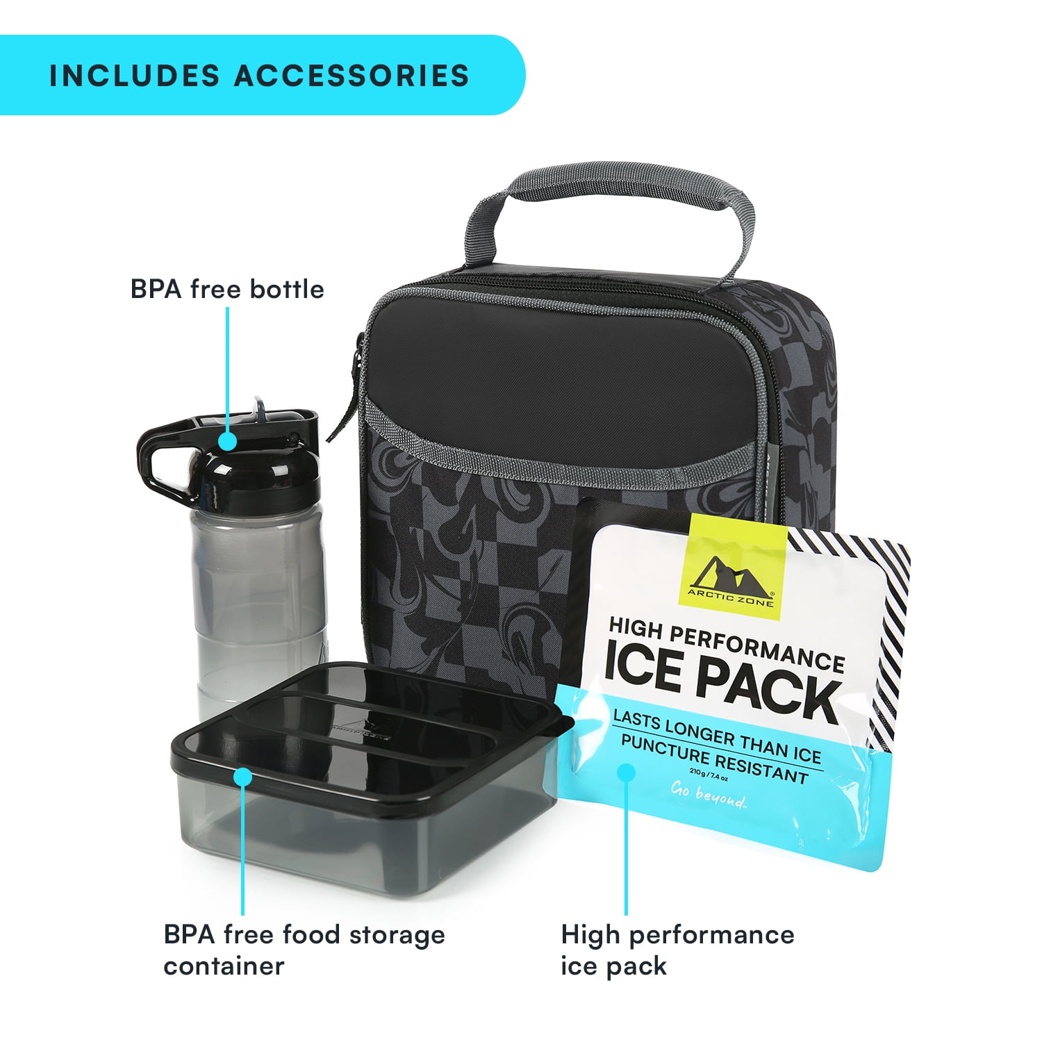 Arctic Zone Combo Lunch Box, Warped Checkerboard, Includes Food Container, Water Bottle, and Ice Pack