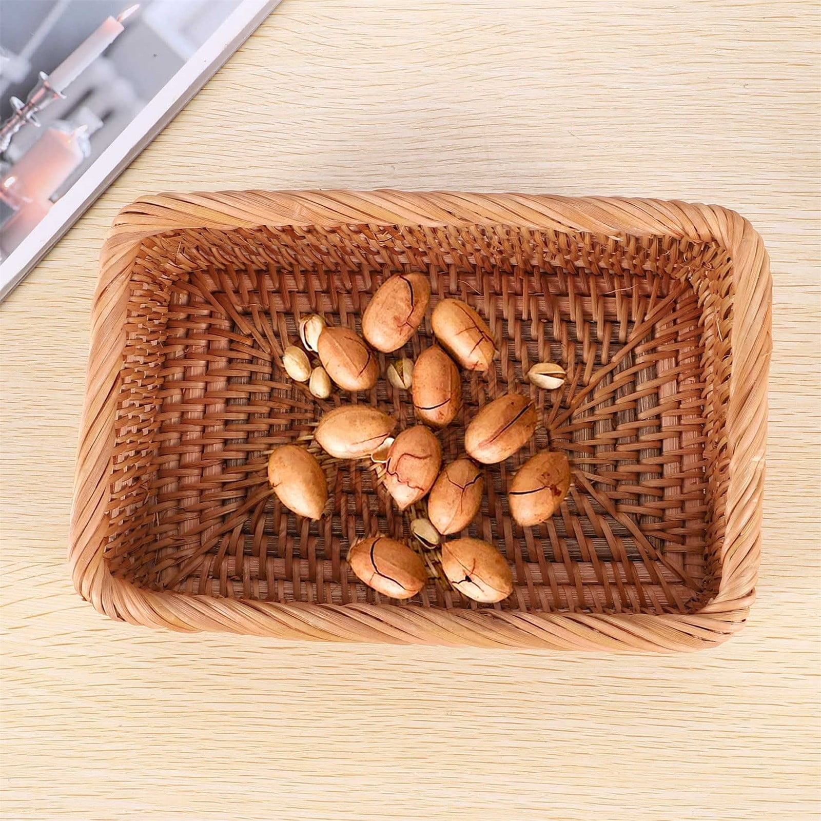Handmade Rectangle Rattan Fruit Basket Box, Wicker Tray, Small Rectangle Basket, Rattan Bowl, Decorative Snacks Storage Bowl, Rattan Key Tray