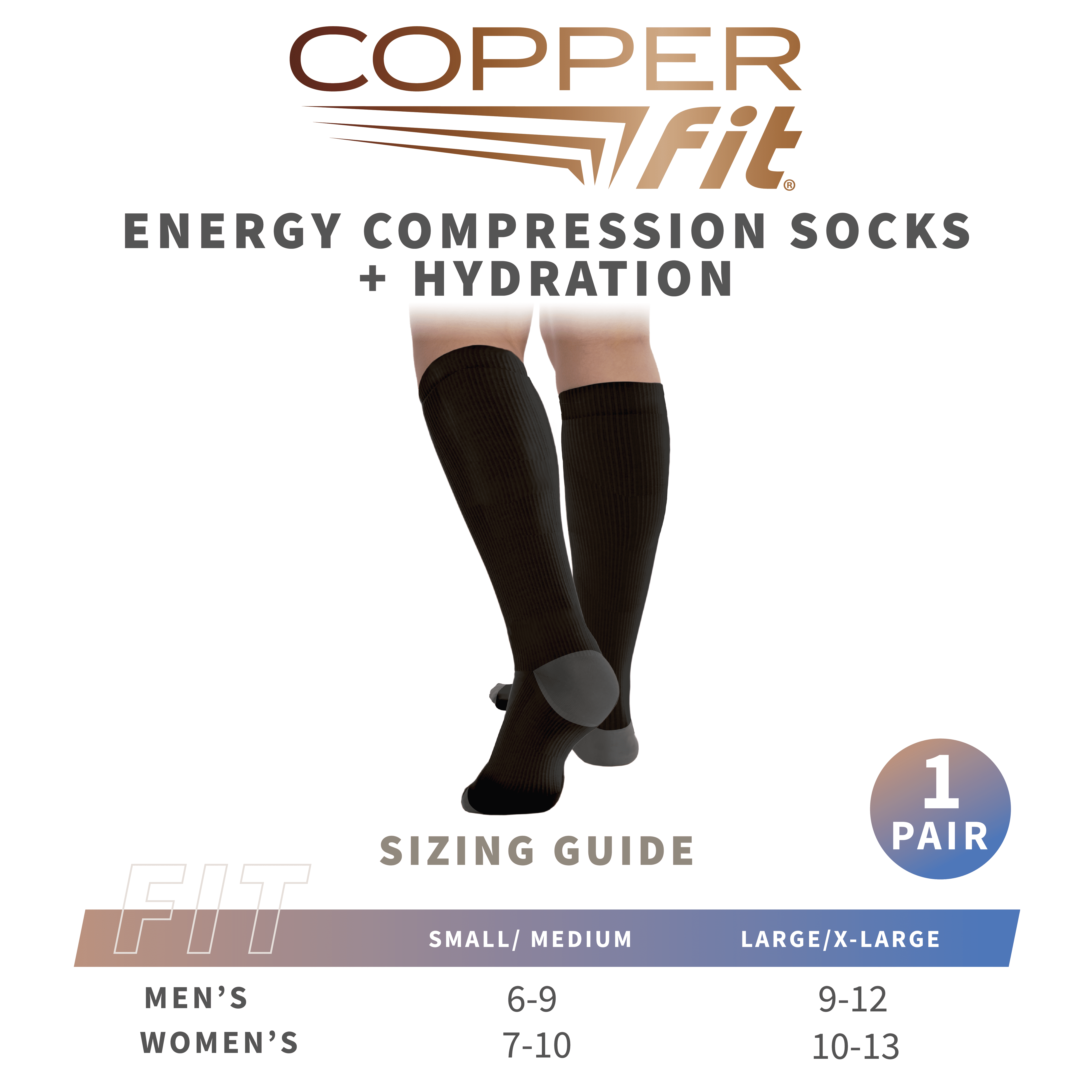 Copper Fit ENERGY Compression Socks, Silky-Soft, Hydration, Unisex, Black, S/M