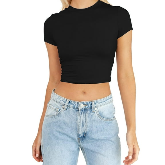 DuoJiaJ Womens Summer Short Sleeve Cute Crop Tops Casual Basic Crewneck Slim Fit T Shirts Boho Style Blouses Black L