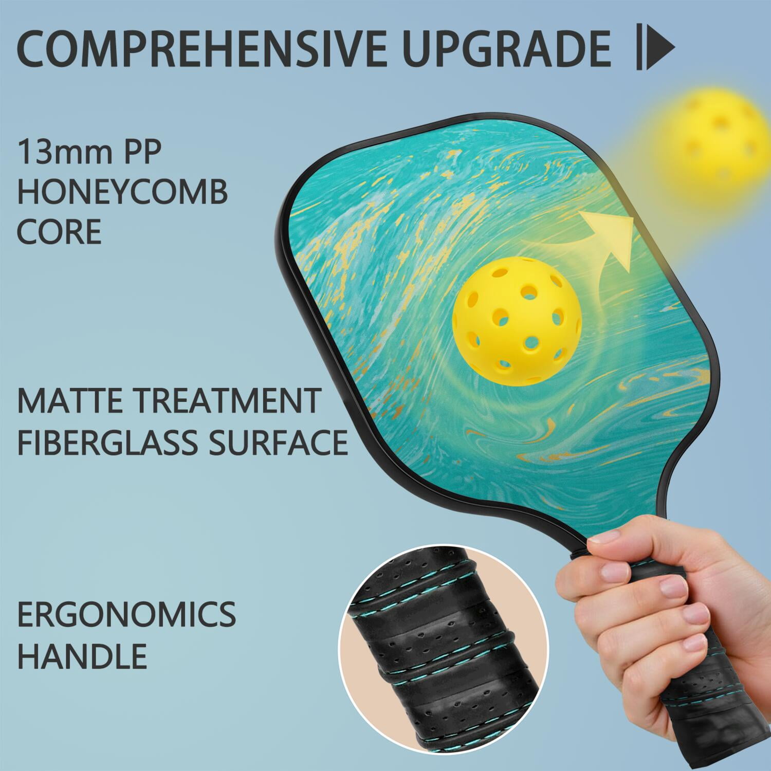 Pickleball Paddles Set Of 2, Fiberglass Surface, Turquoise Marble Pattern, 4 Balls & Bag