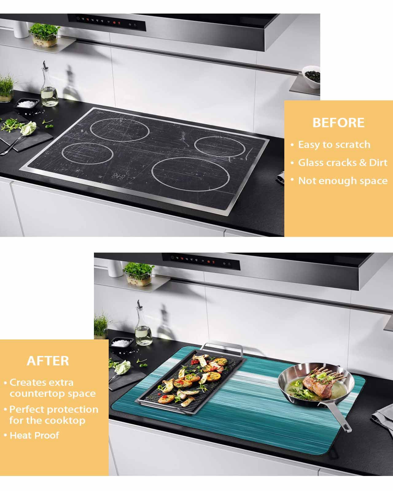 nqOlkjepod Large Induction Cooktop Protector Mat 24"x21", Teal Green Ombre Stripes Stove Top Covers for Electric Stove, Modern Farmhouse Lines Art Stove Burner Cover Mats, Glass Top Stove Cover