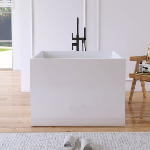 MEDUNJESS 35" Freestanding Soaking Acrylic Bathtub, Rectangular-Shape Soaking Hot Tub with Built-in Seat and Drain, White