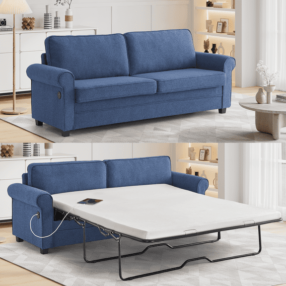 Queen Sleeper Sofa Bed, 2-in-1 Pull Out Couch w/Mattress & USB Charging, Compact Loveseat for Small Spaces, Living Room & Bedroom,Blue