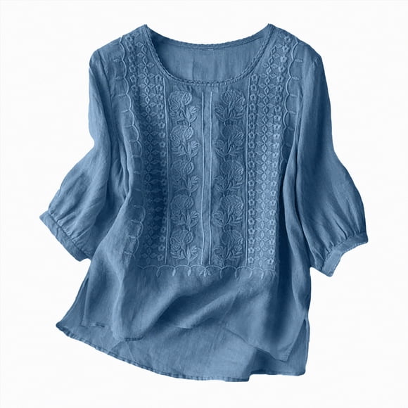 Splozh Womens Fashion Fall Clothes Linen Shirts for Women Retro Embroidery Summer Loose 3/4 Sleeve Tshirts Tunic Tops Casual Blouses Boho Clothes Blue,L