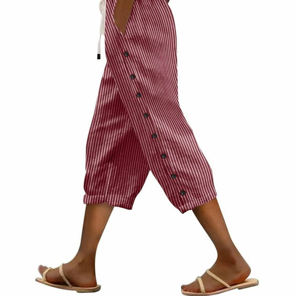 Flmaly vacation outfits for women High Waistband Women's 2024 Casual Pants Women's Striped Side Fashionable Loose Elastic Waist Straight Leg Comfortable Three Quarter Pants Belt Cuff Vacation Outfits