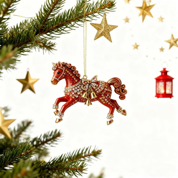 Red Horse Christmas Tree Decorations, Metal Sparkly Rhinestones Horse Decor, Acrylic Animal Ornaments Hanging for Indoor, Friends, Family, Festival Party Decor