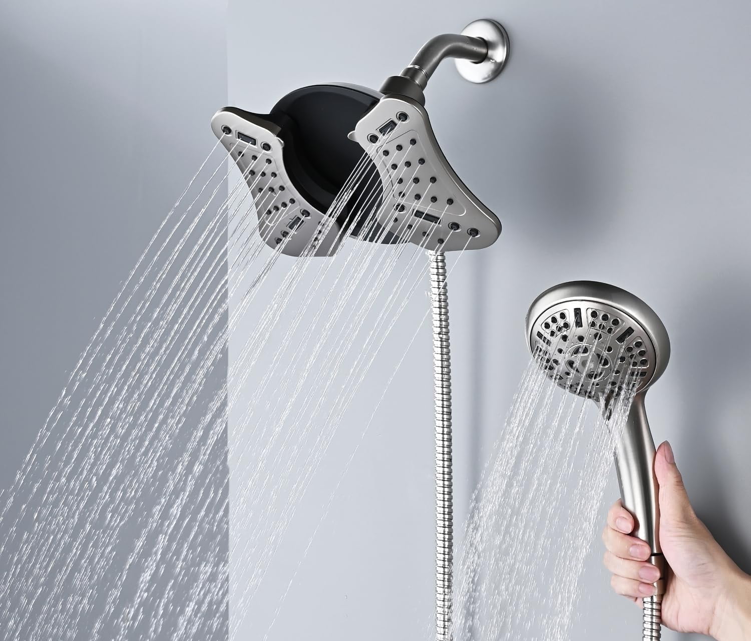 KESTE Shower Head with Handheld Combo: High Pressure 2 in 1 Waterfall Shower Heads with Detachable Handheld Shower Head, 9 Mode Adjustable, Dual Showerhead with Anti-Clog Nozzles and Hose, Nickel