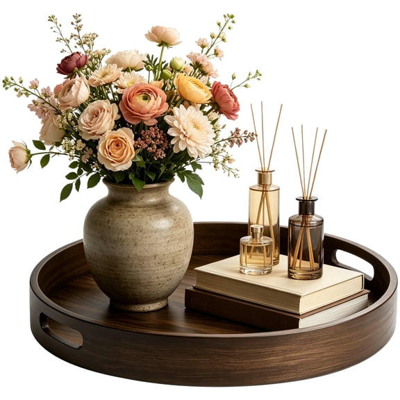15.7" Round Wood Tray with Handles – Decorative Walnut Wood Grain Serving Tray, Vintage Coffee Table Platter for Kitchen Counter, Living Room & Home Decor