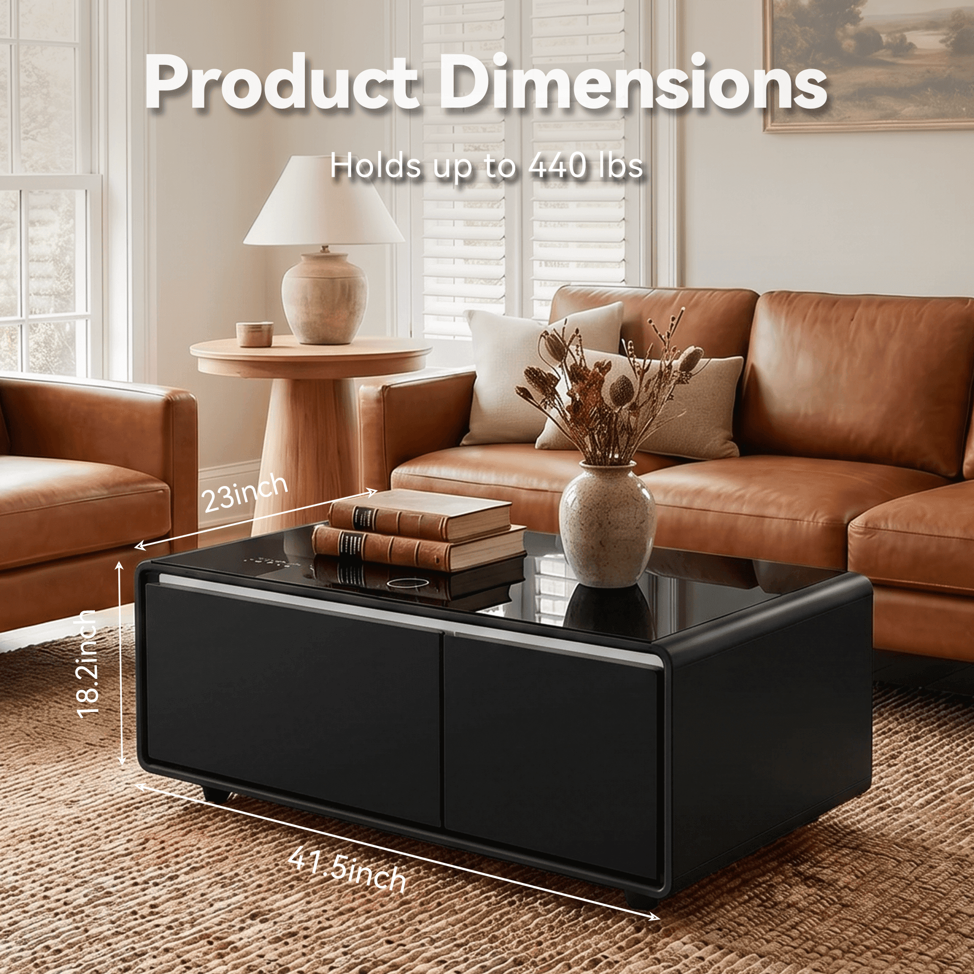 LIVTAB Smart Coffee Table, 23" D x 41.5" W x 18.1" H, Living Room Table with Built in Fridge and Speakers, Smart Table with 15W Wireless Charging, USB Chargers and 110V Outlets, Black