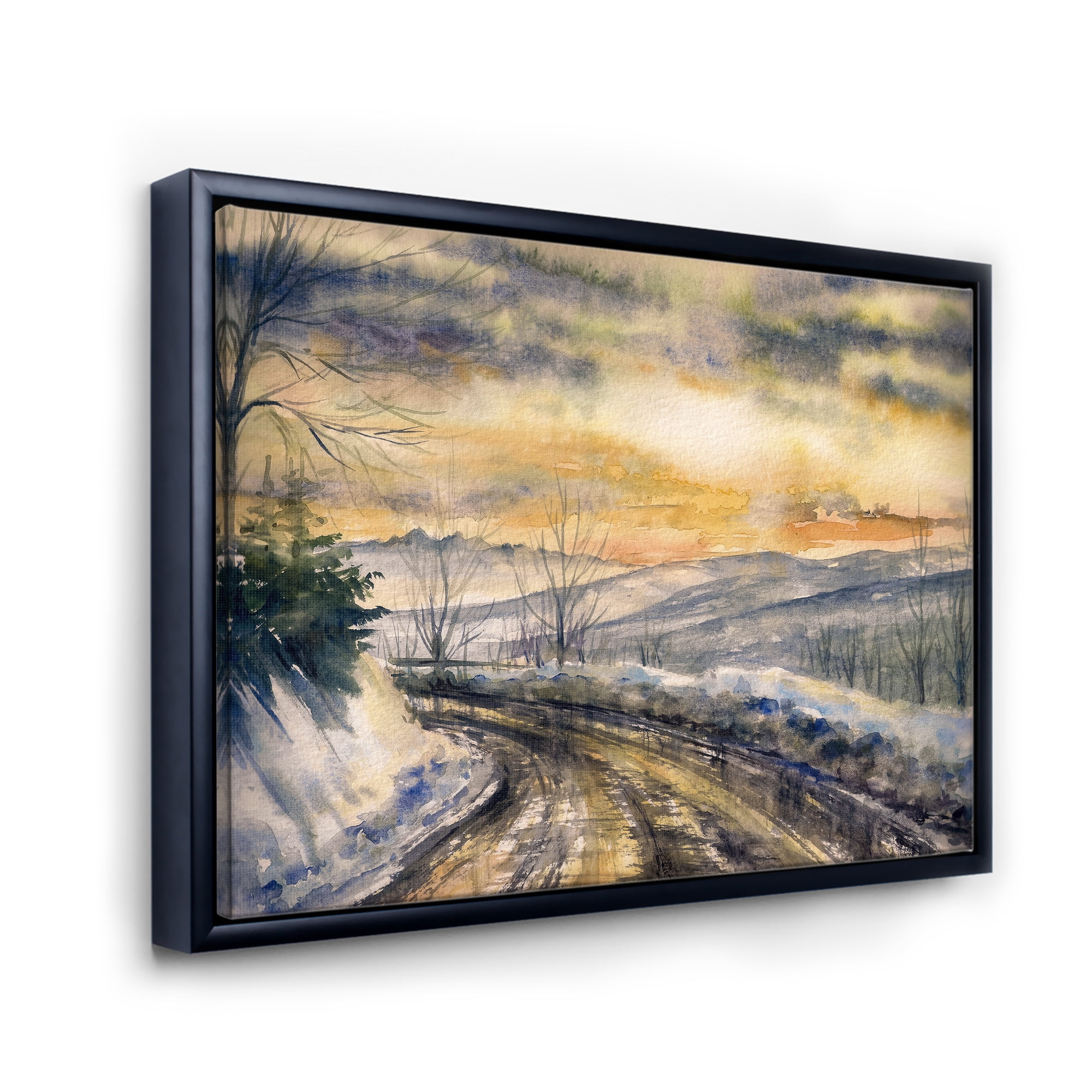 Designart 'Road Under Bright Sunset With Winter Landscape' Traditional Framed Canvas Wall Art Print