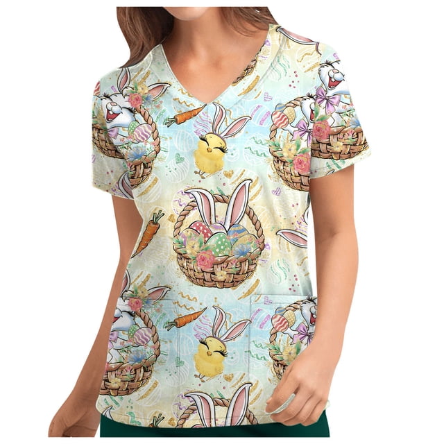 Pompotops Women's Fashion Easter Rabbit Print V-neck Short Sleeve Pocket Workwear Top