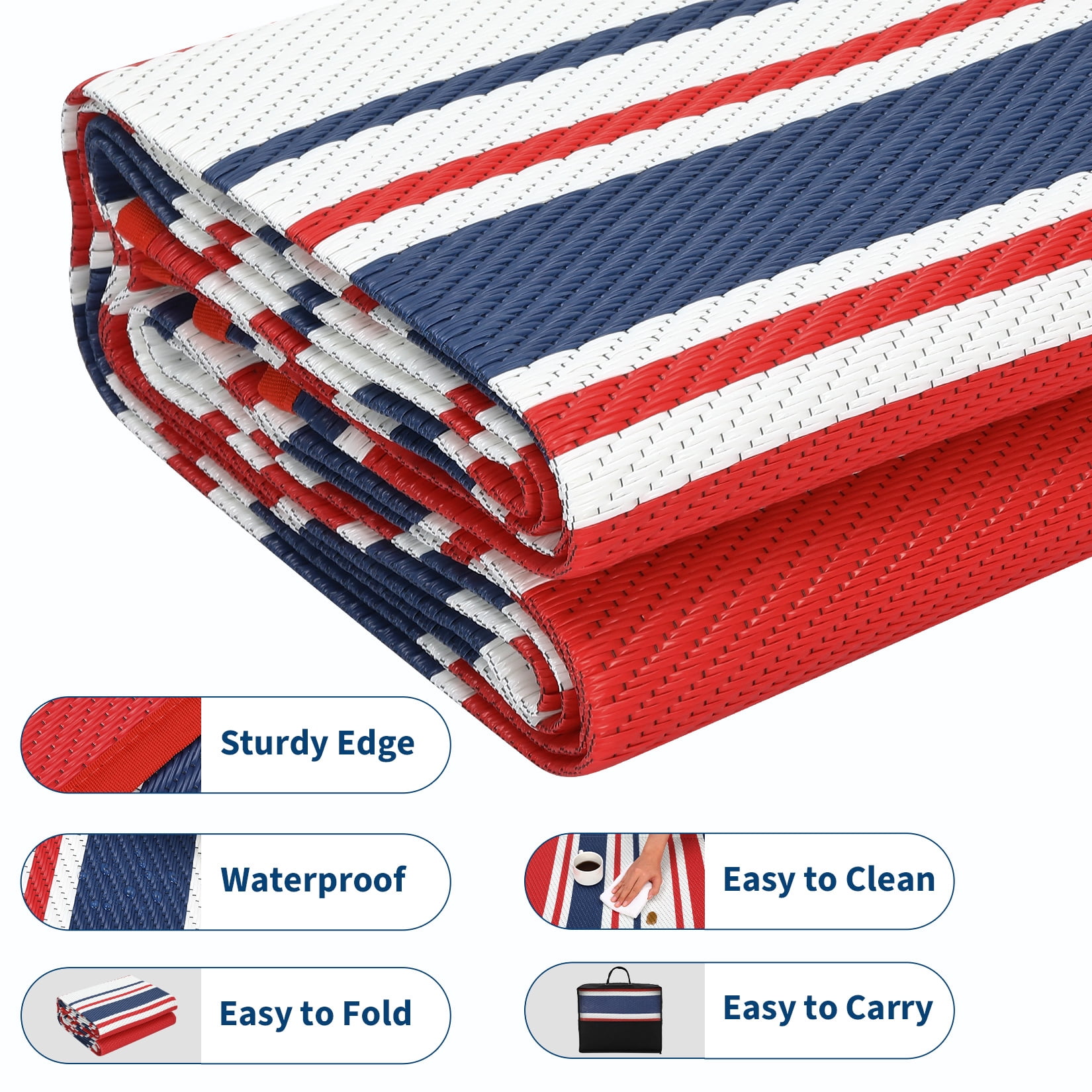 HIWEAVER 10' x 14' Red/Navy Outdoor Rug PP Plastic Straw Woven Waterproof Patio Rug with Border Portable Outside Carpet for Balcony Deck Picnic Garden Decor