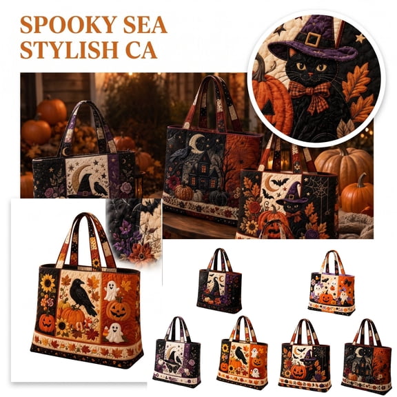 Ktlvex Vintage Quilted Halloween Tote Bag, Halloween Pattern Shoulder Handbag, Large Capacity Holiday Shopping Bag for Halloween Party Daily Use(E)