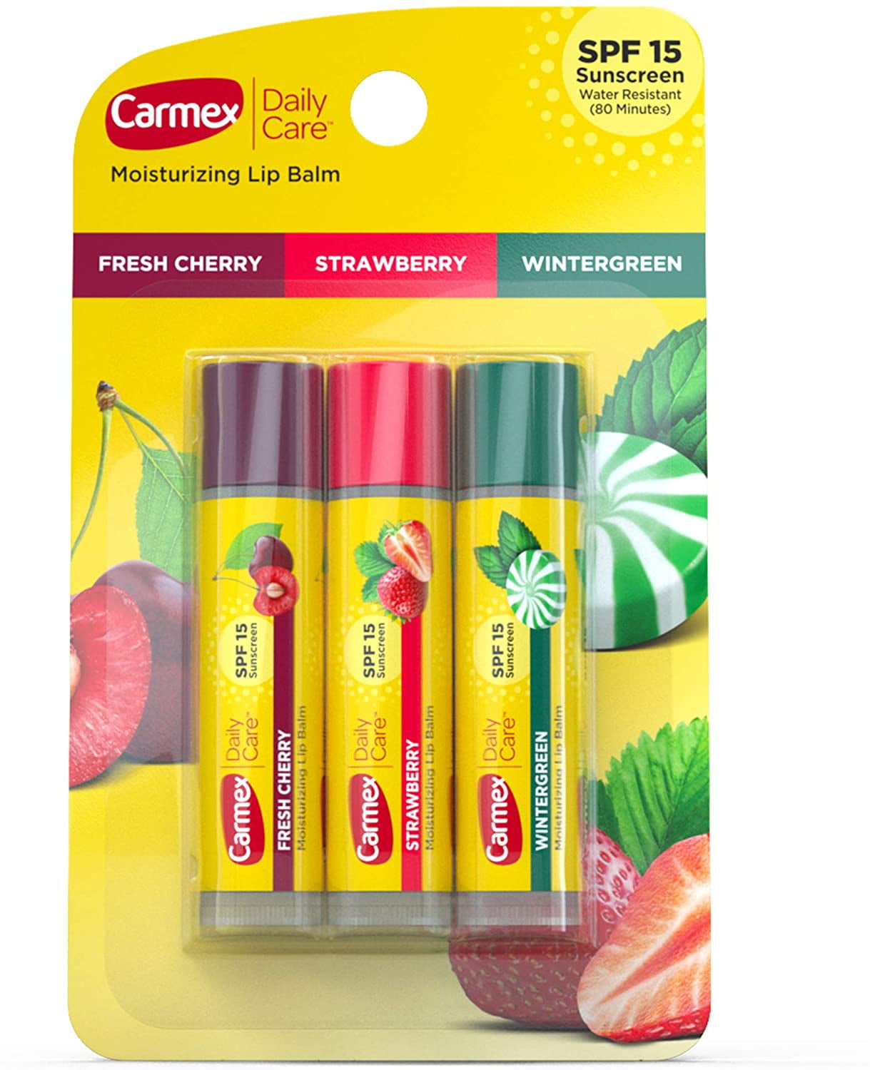Carmex Daily Care Moisturizing Cream Lip Balm, SPF 15, Multi-Flavor, 3 Pack