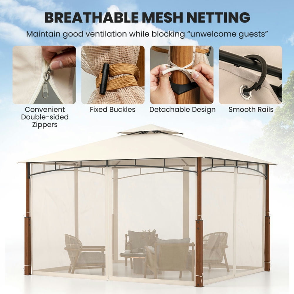 Spaco Outdoor Gazebo,Patios Gazebos,12 x 10 Feet Outdoor Patio Gazebo with Netting and 2-Tier Canopy Roof-Beige