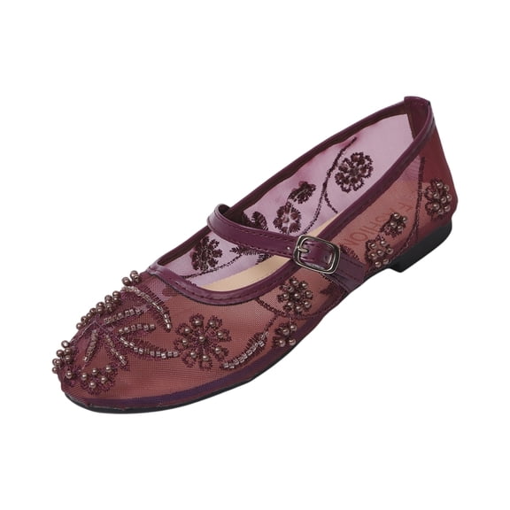 LTTVQM Womens Mary Jane Shoes Mesh Pearl Flower Embroideried Slip on Adjustable Strap Casual Ballet Flats Comfortable Lightweight Arch Support Work Flat Shoes Wine 36(US-5.5)