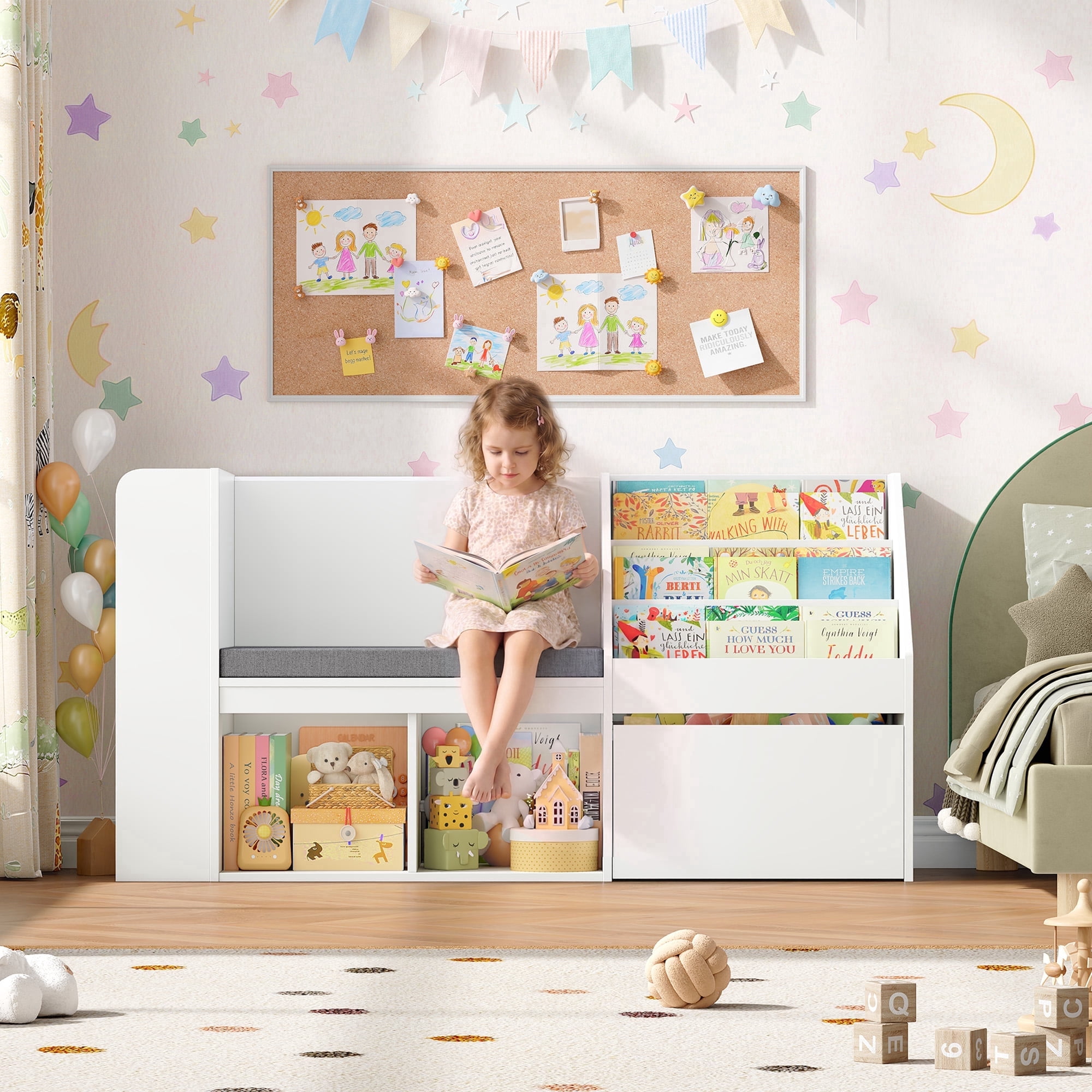 Hiphuta 49"W Kids Bookcase with Reading Nook & Side Storage, Toy Storage Organizer with Book Rack & Drawer for Kids Room