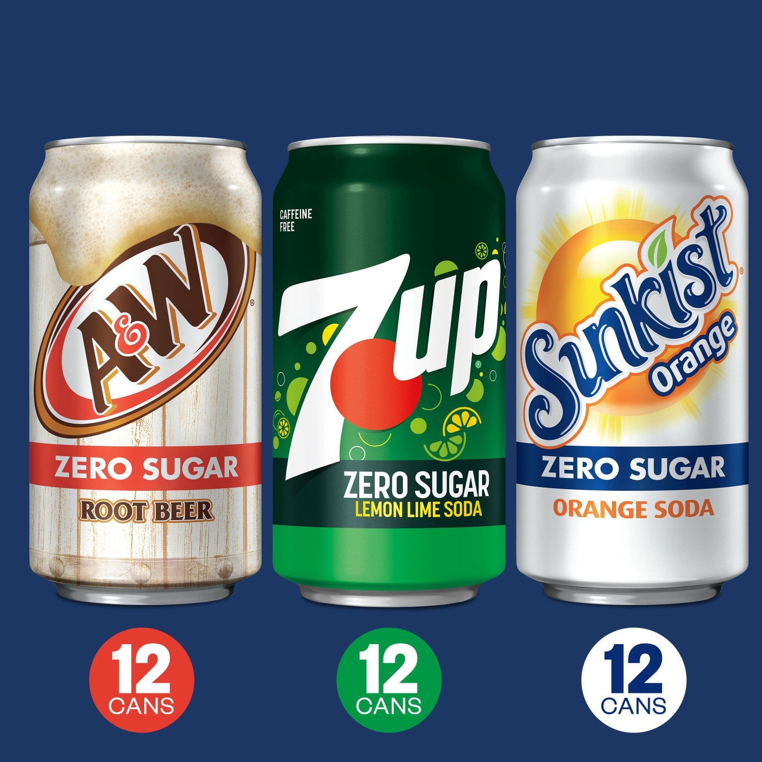 7UP, Sunkist & A&W Zero Sugar Soda Variety Pack, 12 fl oz Cans, 36 Pack – Zero Calories, Assorted Flavors