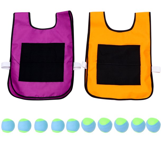 FELTECHELECTR Juego de pelota y chaleco adhesivo para niños, juego grupal para el hogar y la escuela (chaleco morado y naranja, 10 pelotas de esponja, color aleatorio)