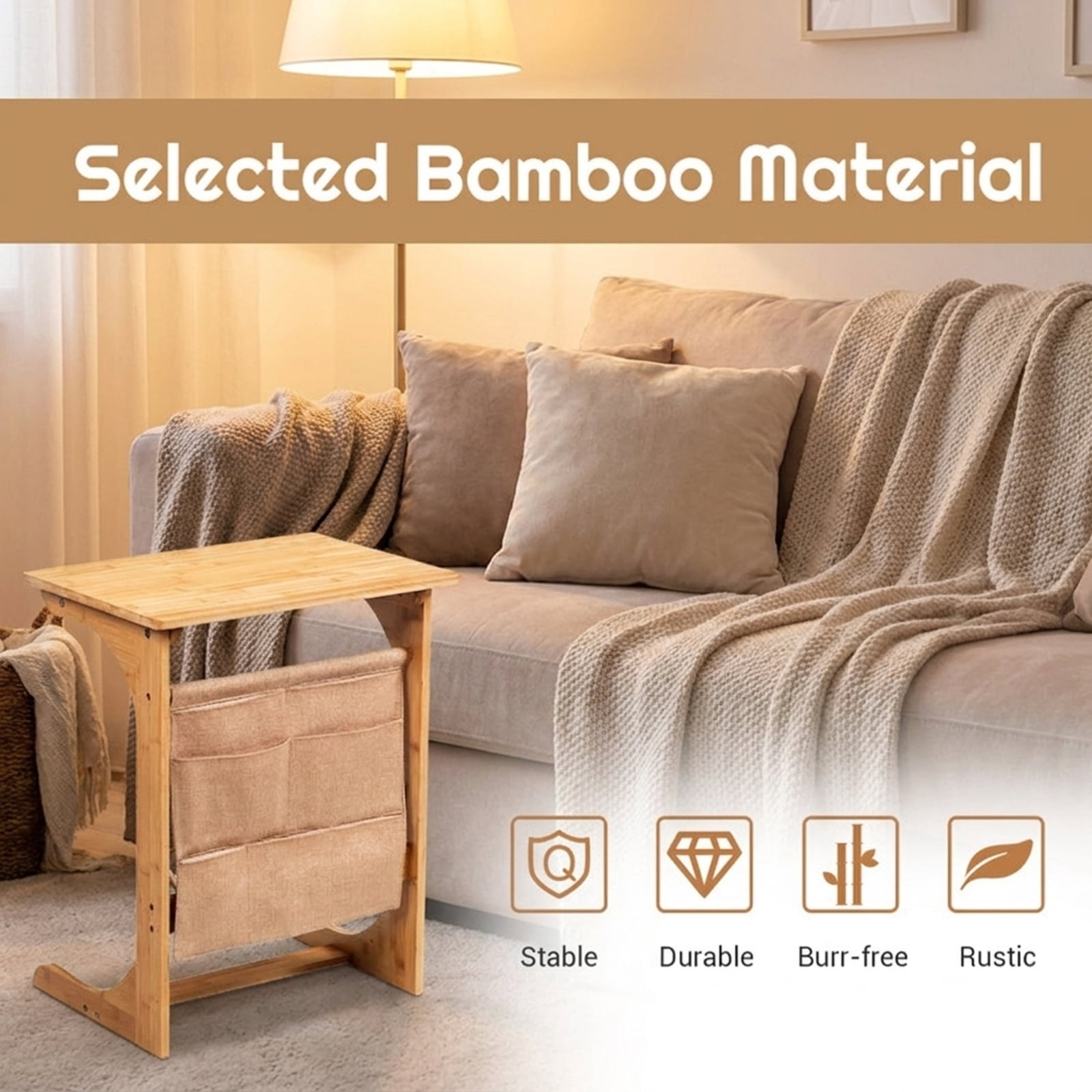 Furnibear Bamboo Sofa Table End Table Bedside Table with Storage Bag - Natural - Bedroom Accent Nightstand Furniture