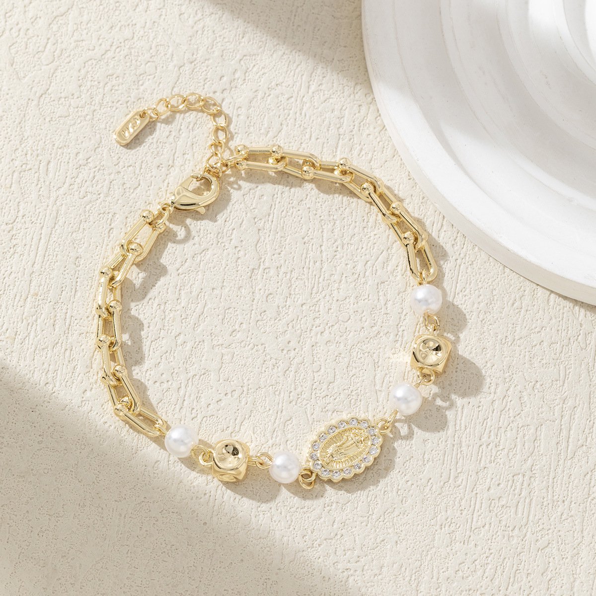 Virgin Mary Personalized 14K Gold Filled Bracelet for Women, Pearl Micro Pave Cubic Zirconia Light Luxury High End Fashion Jewelry