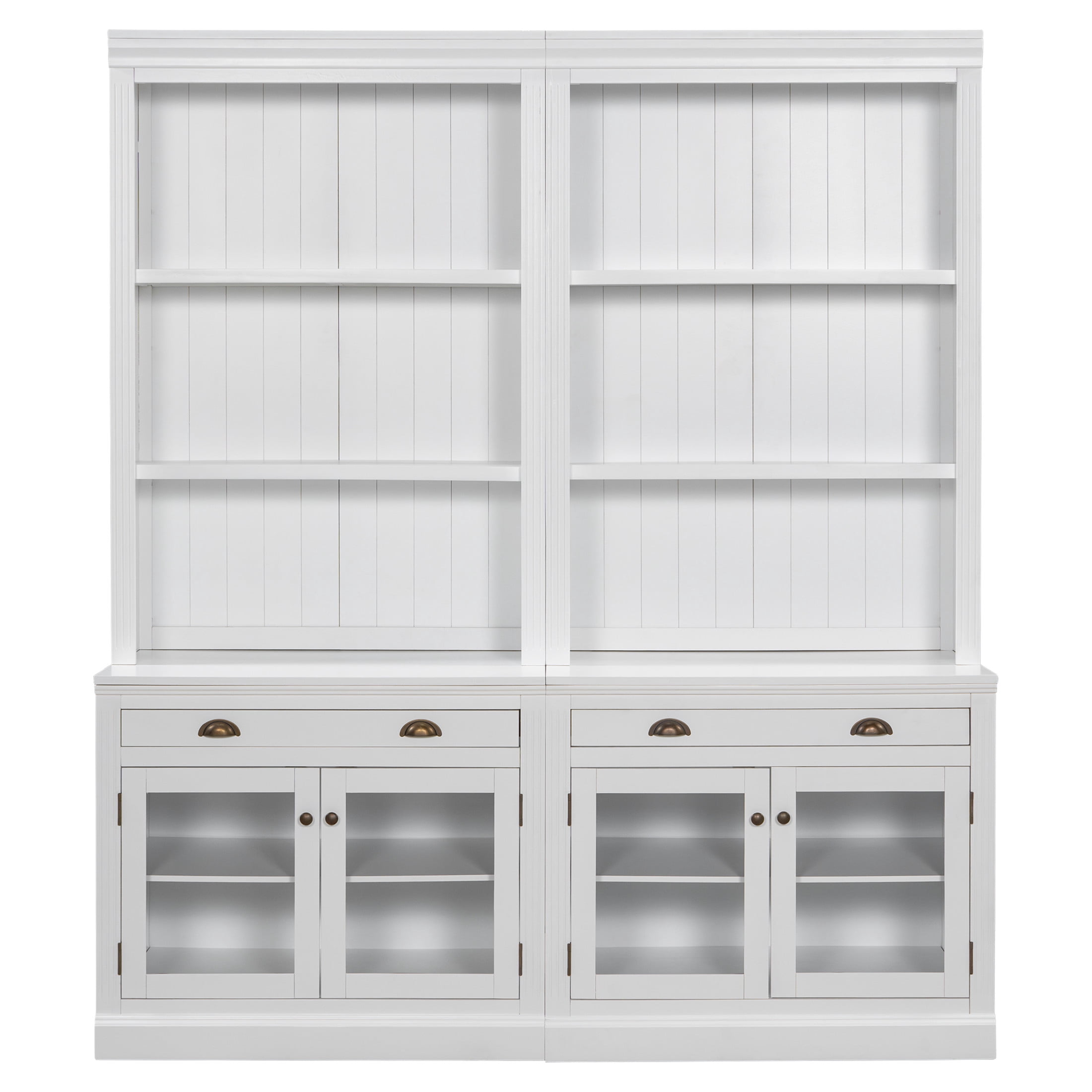 GDF Studio Caldon 83.4" Bookshelf with LED Lighting, Drawers & Glass Doors, Modern Bookcase for Home Office, White, Set of 2