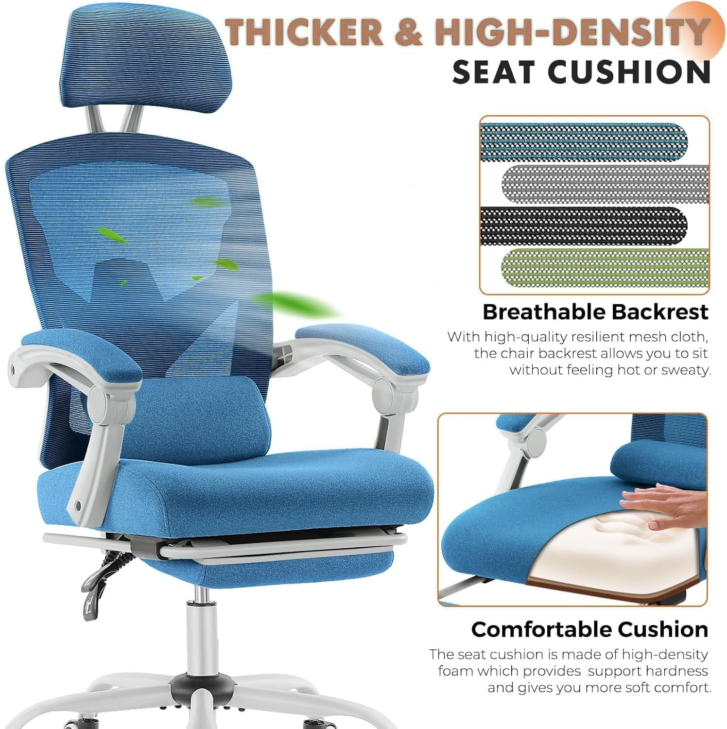 Office Computer Desk Chair, High-Back Ergonomic Mesh Swivel Chair with Lockable Recline, Adjustable Lumbar Support, Retractable Footrest & Padded Arms for Home Office, Study, and Gaming, Blue