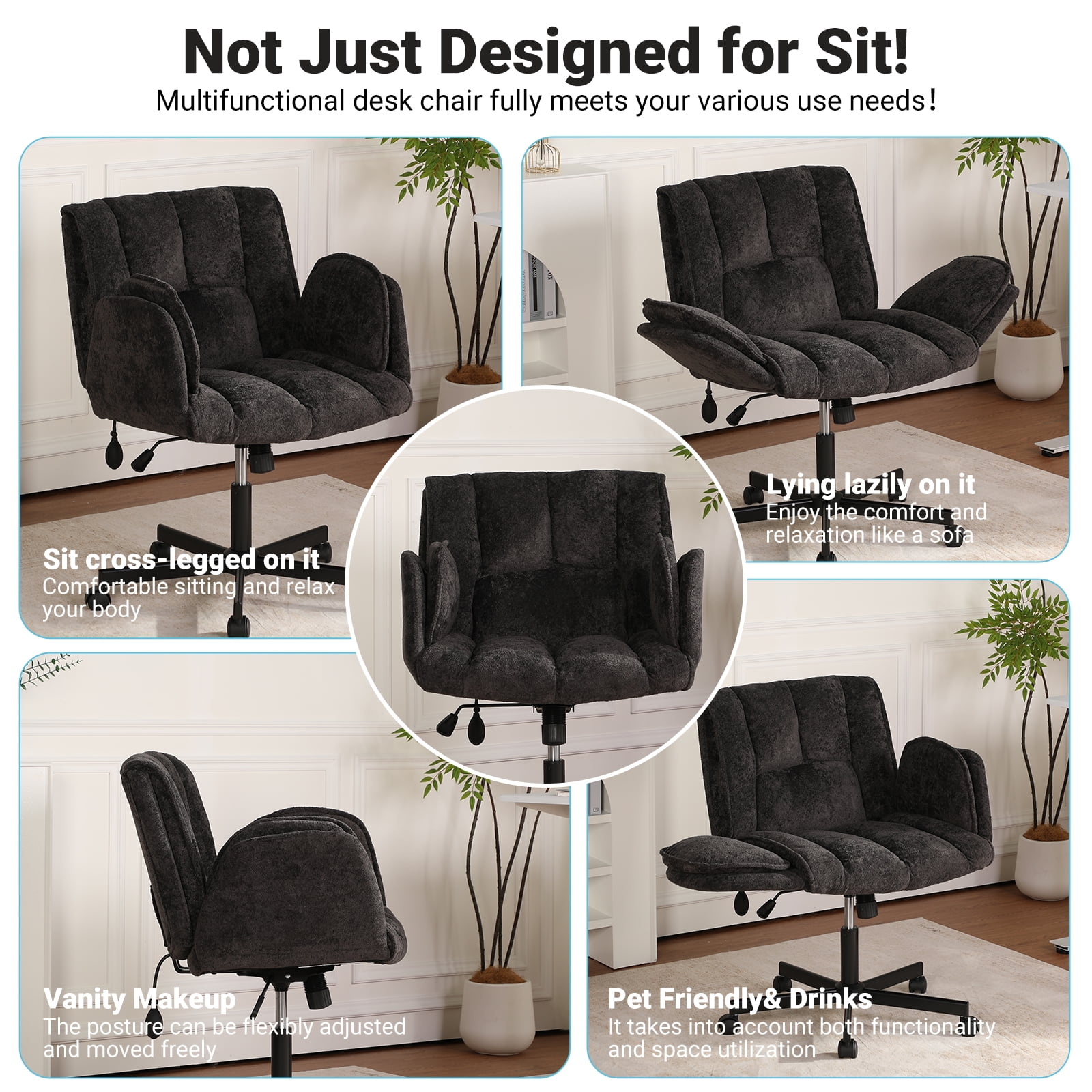 Criss Cross Office Chair with 6-Level Folding Arms and Wheels, Ergonomic Fabric Cross Legged Chair with Dynamic Lumbar Support, Plus Size Swivel Vanity Chair for Home Office, Living Room, Makeup