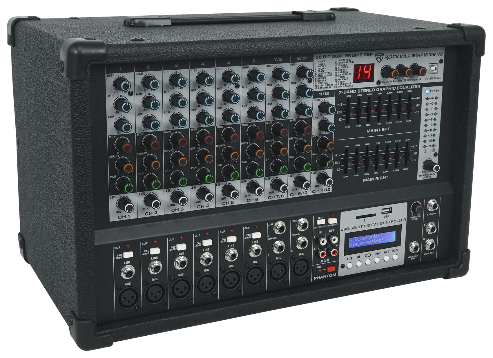 Rockville RPM109 12 Channel 4800w Powered Mixer , 7 Band EQ+8-Ch Snake Cable