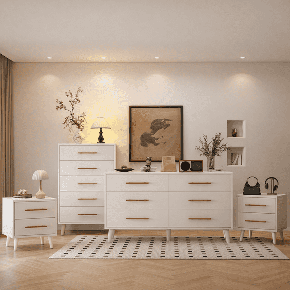 Noelse Bedroom Furniture Set, 6 Drawer Dresser   5 Drawer Chest   Nightstands Set of 2, Modern Wood Bedroom Set with Metal Handles, Storage Furniture for Bedroom, White